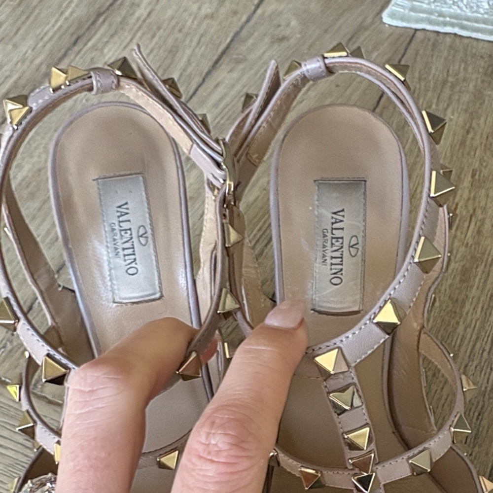 Valentino Black Patent Leather Rockstud T-Strap Heels with Nude Straps - Picture 6 of 6
